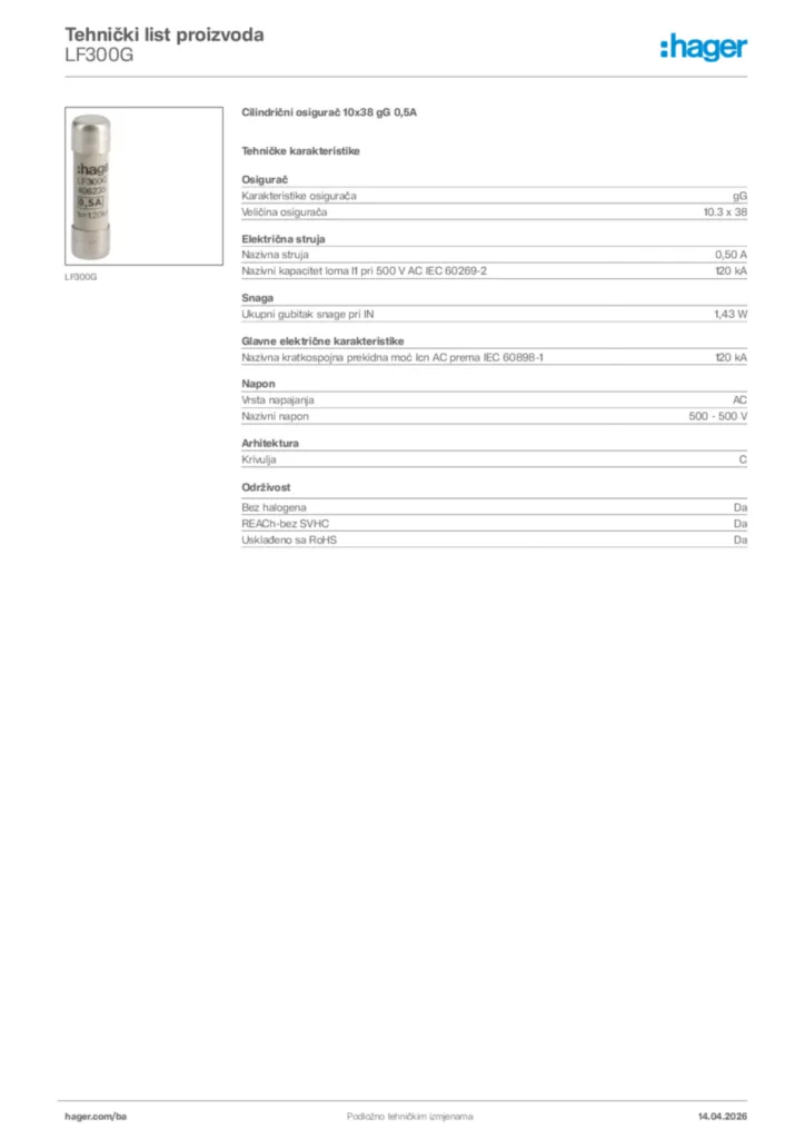 Slika Hager Tehnički list proizvoda LF300G  | Hager