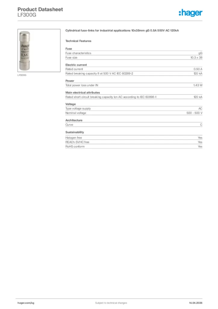 Image Hager Product data sheet LF300G  | Hager