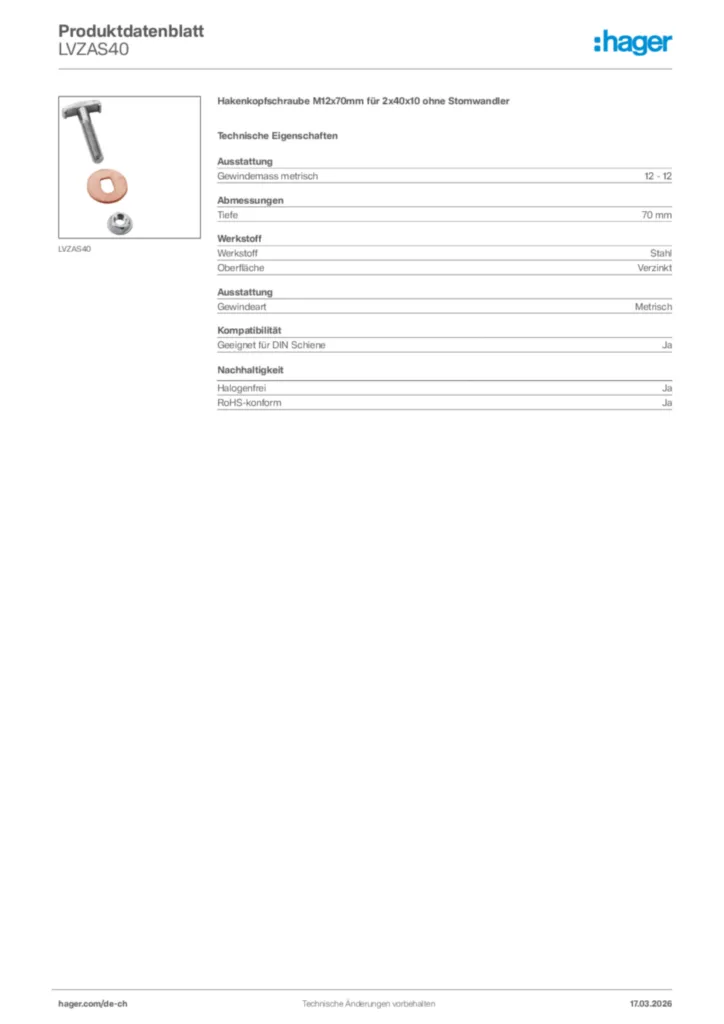 Bild Hager Produktdatenblatt LVZAS40 | Hager Schweiz