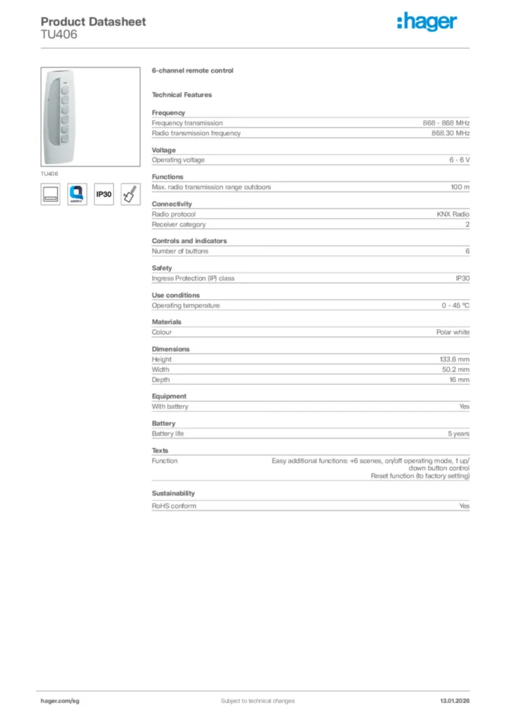 Image Hager Product data sheet TU406  | Hager