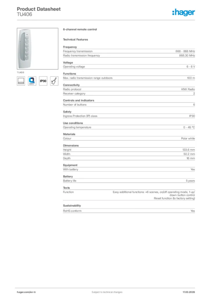Image Hager Product data sheet TU406  | Hager