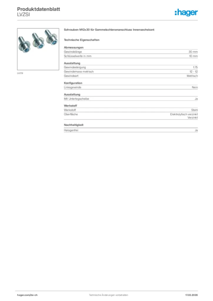 Bild Hager Produktdatenblatt LVZSI | Hager Schweiz