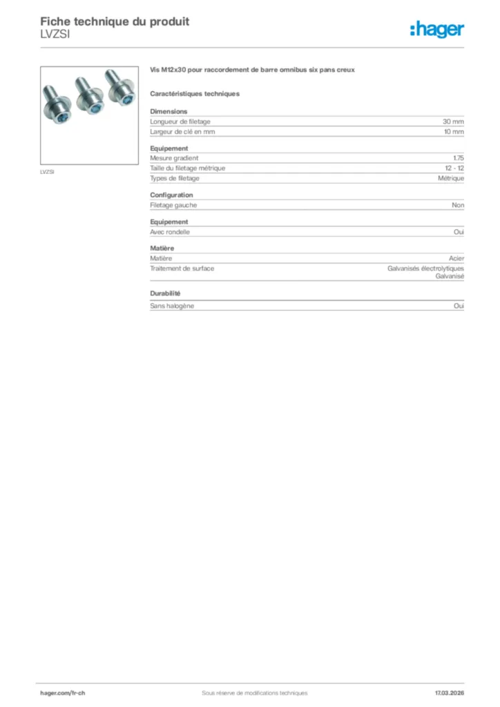 Image Hager Fiche technique du produit LVZSI | Hager Suisse