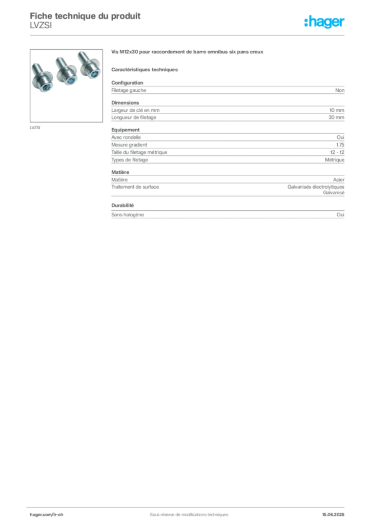 Image Hager Fiche technique du produit LVZSI | Hager Suisse