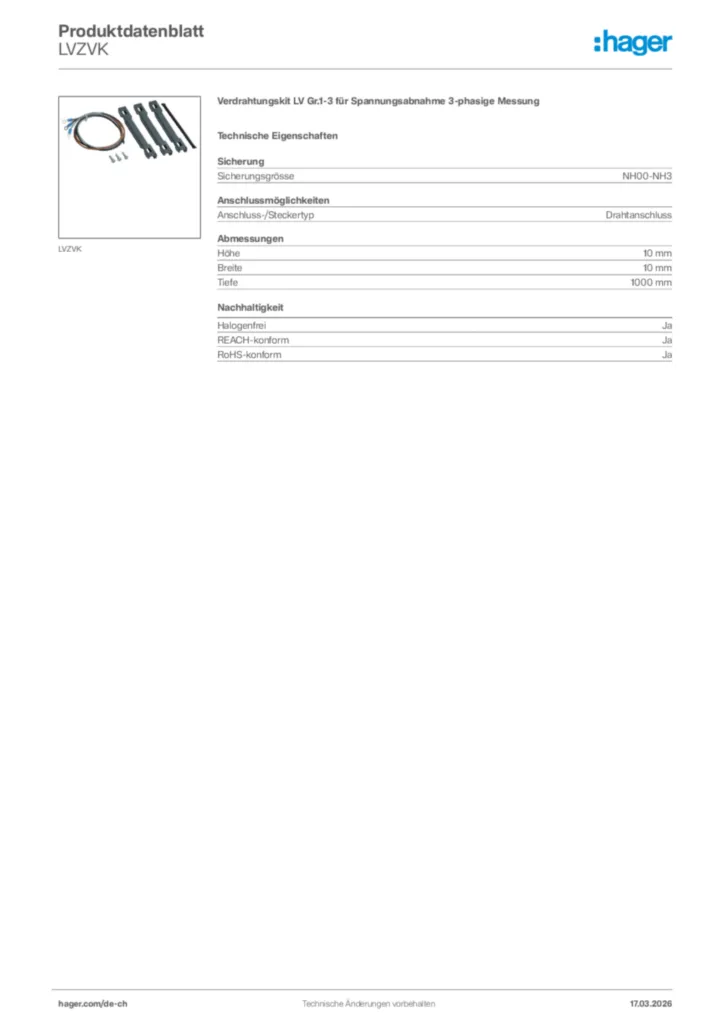 Bild Hager Produktdatenblatt LVZVK | Hager Schweiz