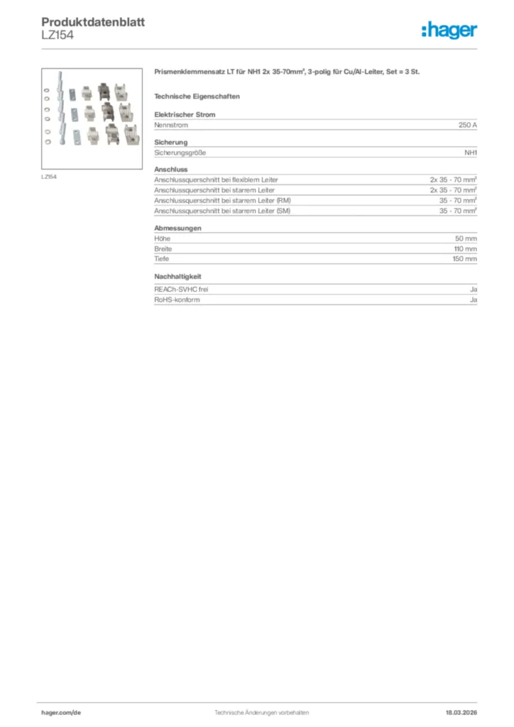 Bild Hager Produktdatenblatt LZ154 | Hager Deutschland