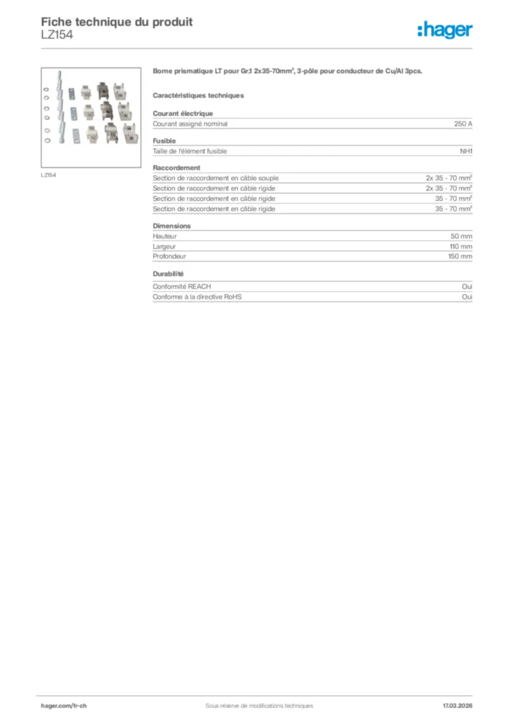 Image Hager Fiche technique du produit LZ154 | Hager Suisse
