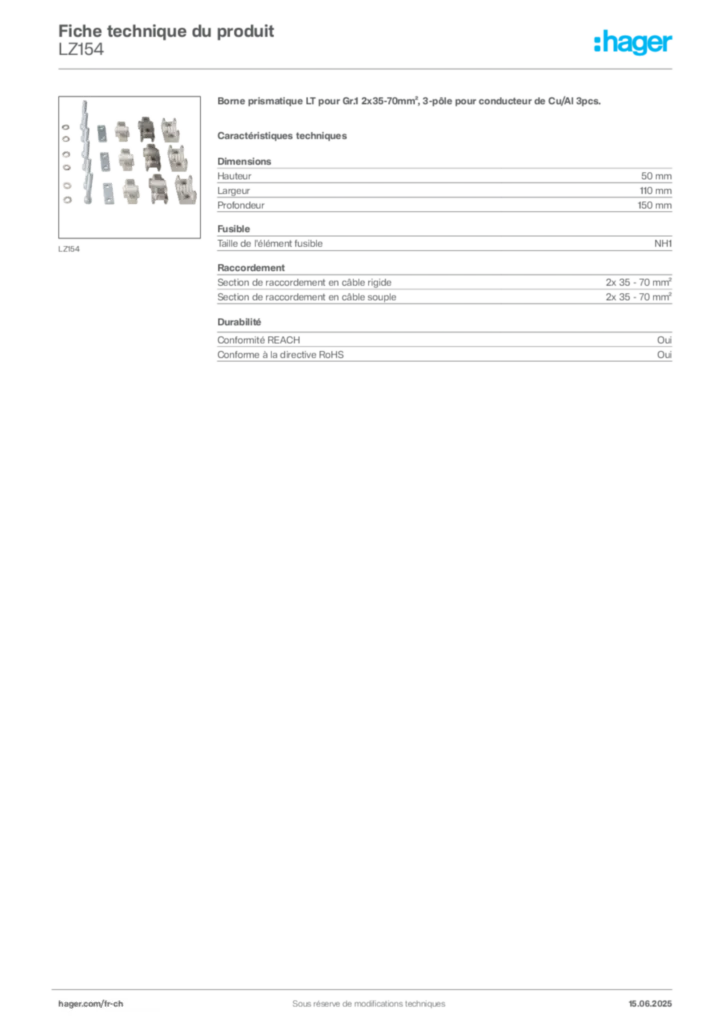 Image Hager Fiche technique du produit LZ154 | Hager Suisse