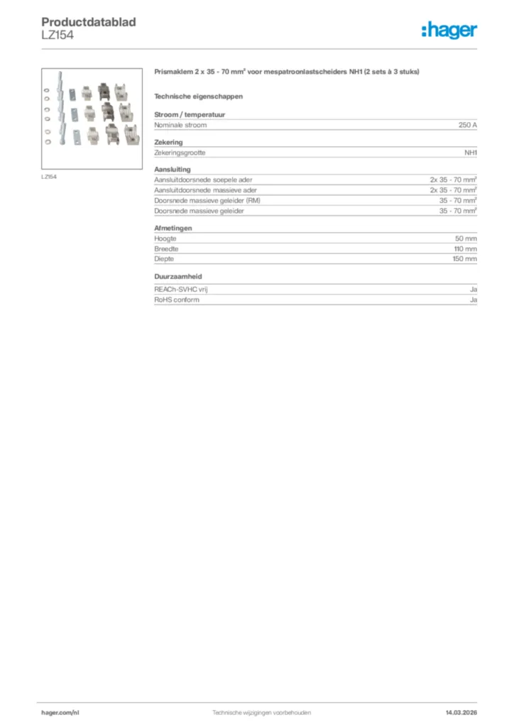 Afbeelding Hager Productdatablad LZ154 | Hager Nederland