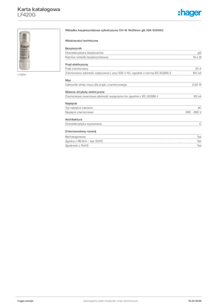 Zdjęcie Hager Karta katalogowa LF420G | Hager Polska