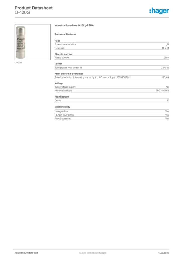 Image Hager Product data sheet LF420G  | Hager