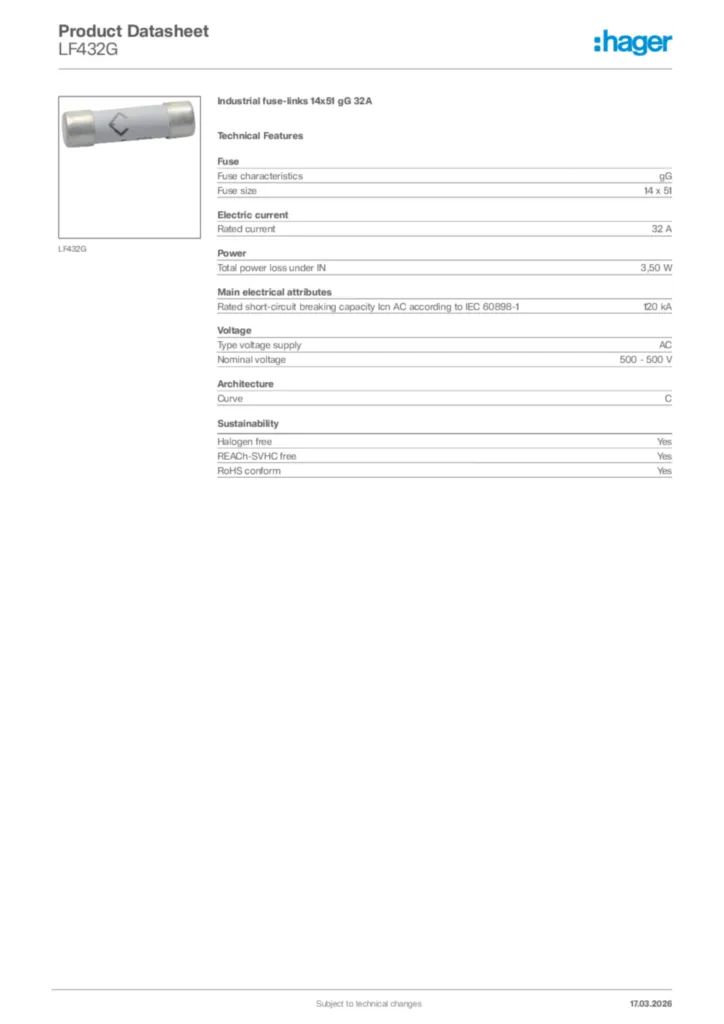 Image Hager Product data sheet LF432G  | Hager
