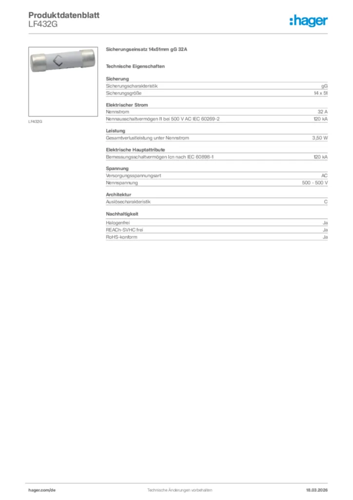 Bild Hager Produktdatenblatt LF432G | Hager Deutschland