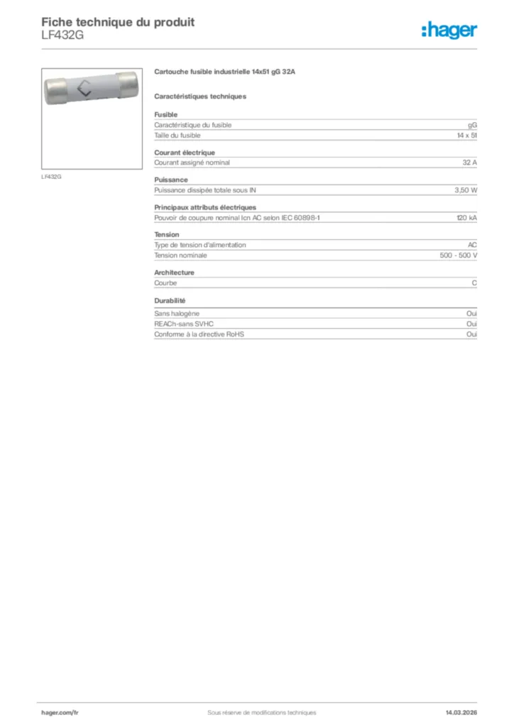 Image Hager Fiche technique du produit LF432G | Hager France