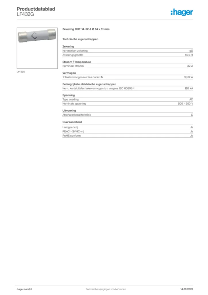 Afbeelding Hager Productdatablad LF432G | Hager Nederland
