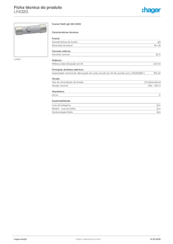 Imagem Hager Ficha técnica do produto LF432G | Hager Portugal