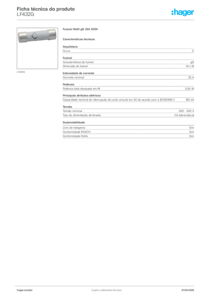 Imagem Hager Ficha técnica do produto LF432G | Hager Portugal