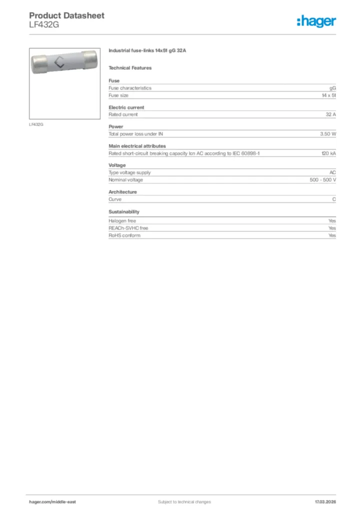 Image Hager Product data sheet LF432G  | Hager