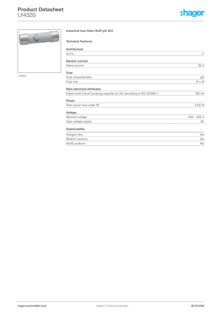 Image Hager Product data sheet LF432G  | Hager