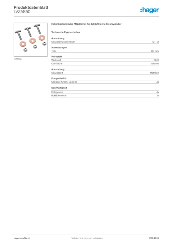 Bild Hager Produktdatenblatt LVZAS50 | Hager Schweiz