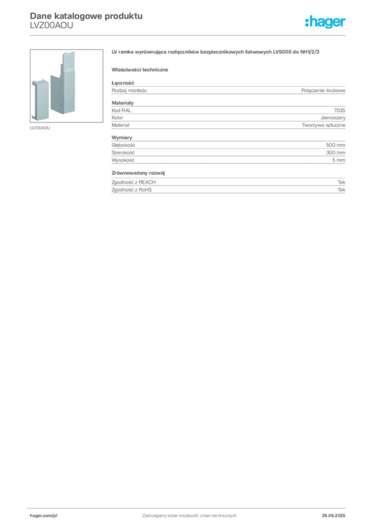 Zdjęcie Hager Dane katalogowe produktu LVZ00AOU | Hager Polska