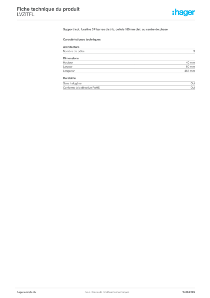 Image Hager Fiche technique du produit LVZITFL | Hager Suisse