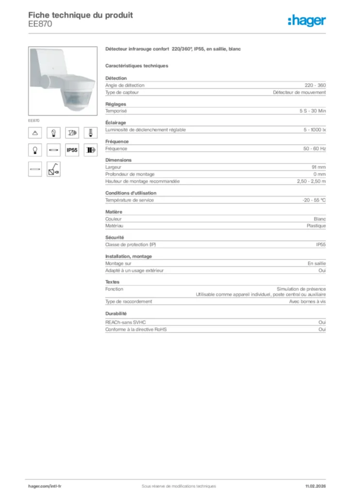 Image Hager Fiche technique du produit EE870 | Hager Afrique