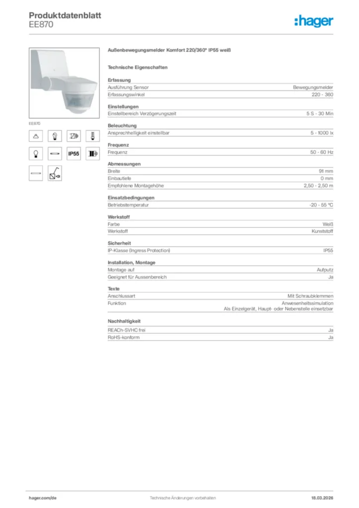 Bild Hager Produktdatenblatt EE870 | Hager Deutschland