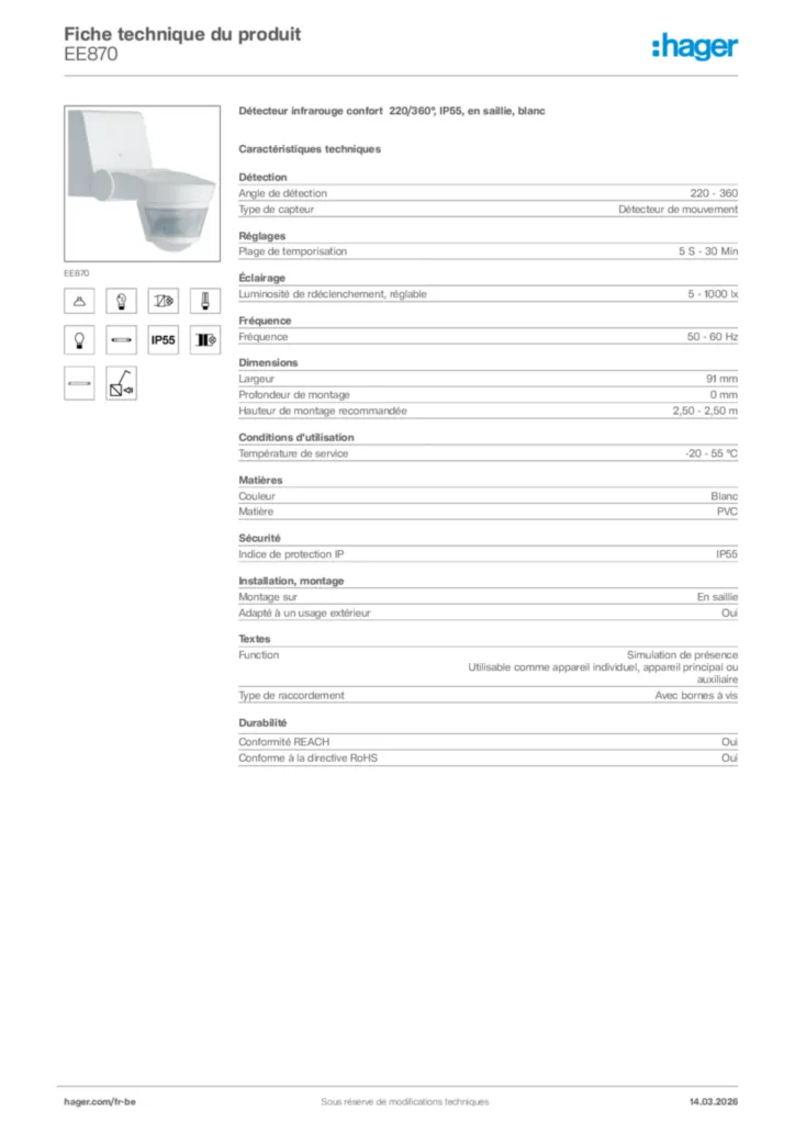 Image Hager Fiche technique du produit EE870 | Hager Belgique