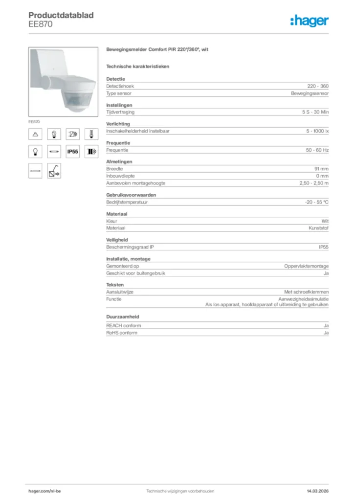 Afbeelding Hager Productdatablad EE870 | Hager Belgium