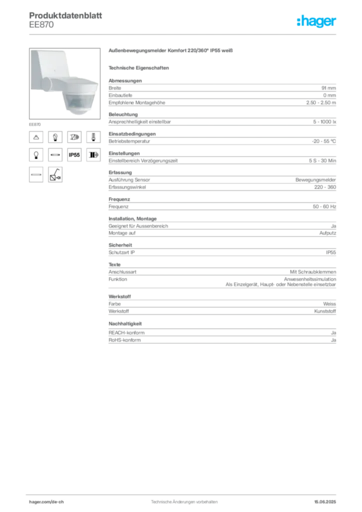 Bild Hager Produktdatenblatt EE870 | Hager Schweiz