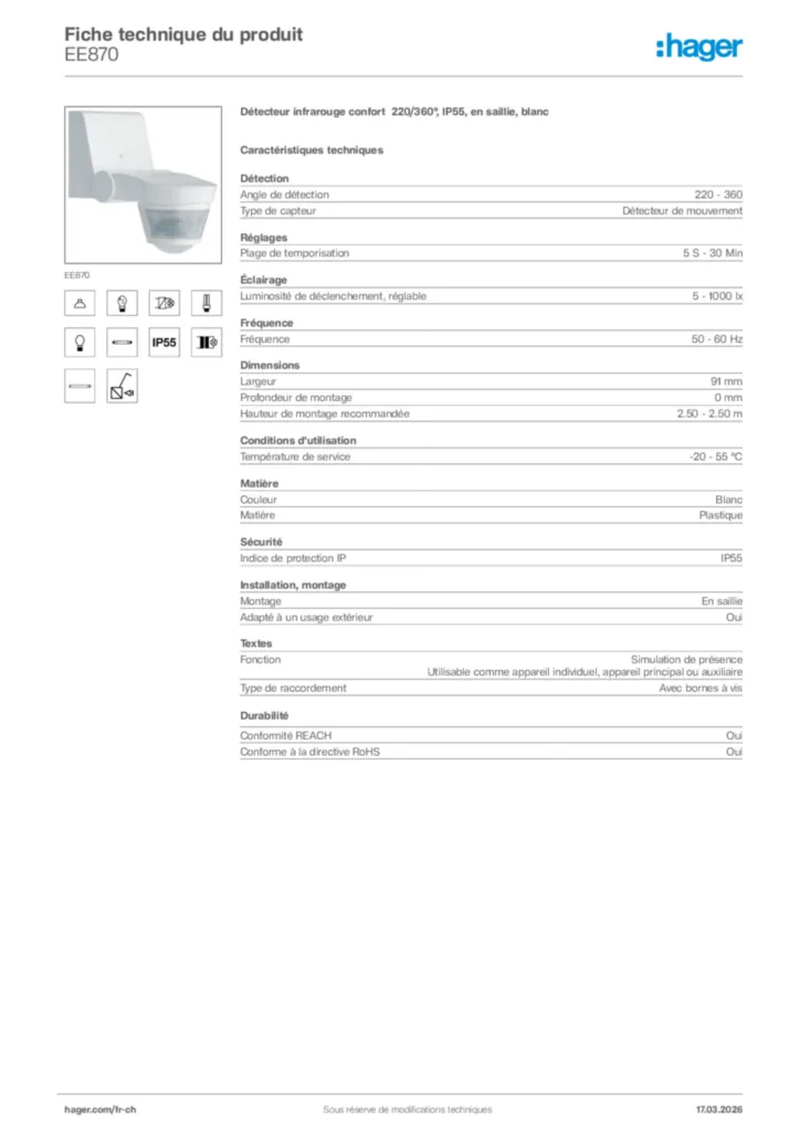 Image Hager Fiche technique du produit EE870 | Hager Suisse