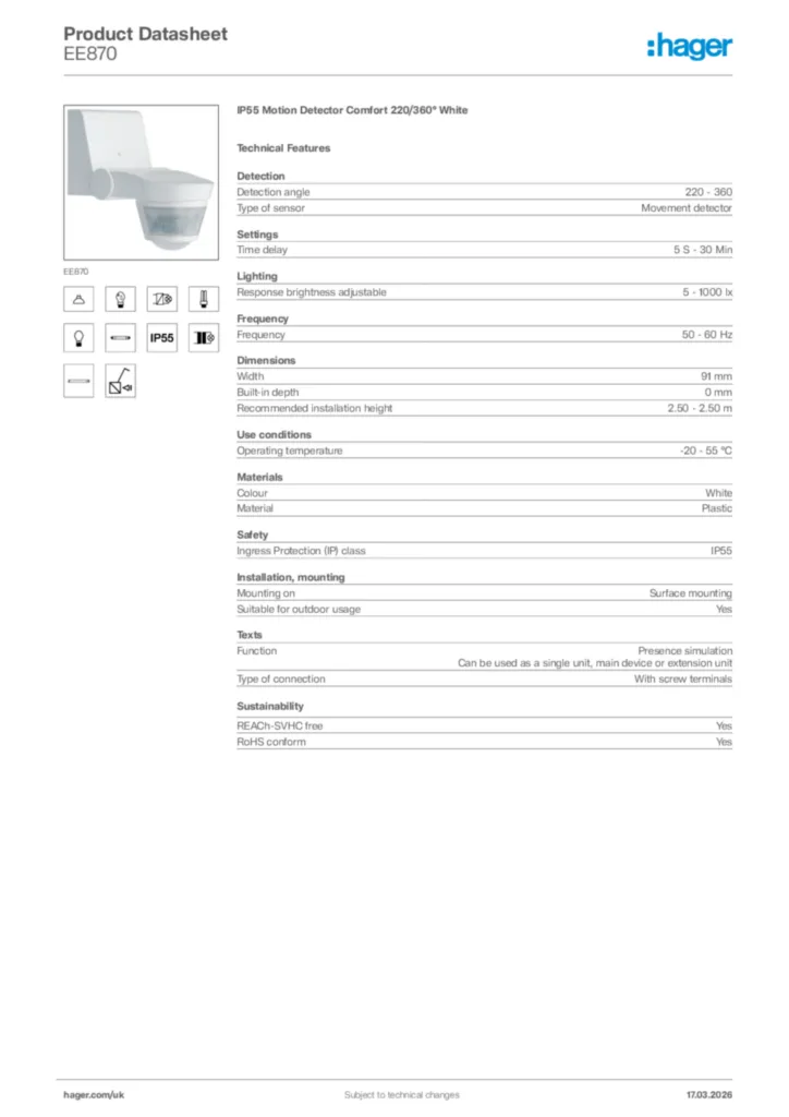 Image Hager Product data sheet EE870  | Hager