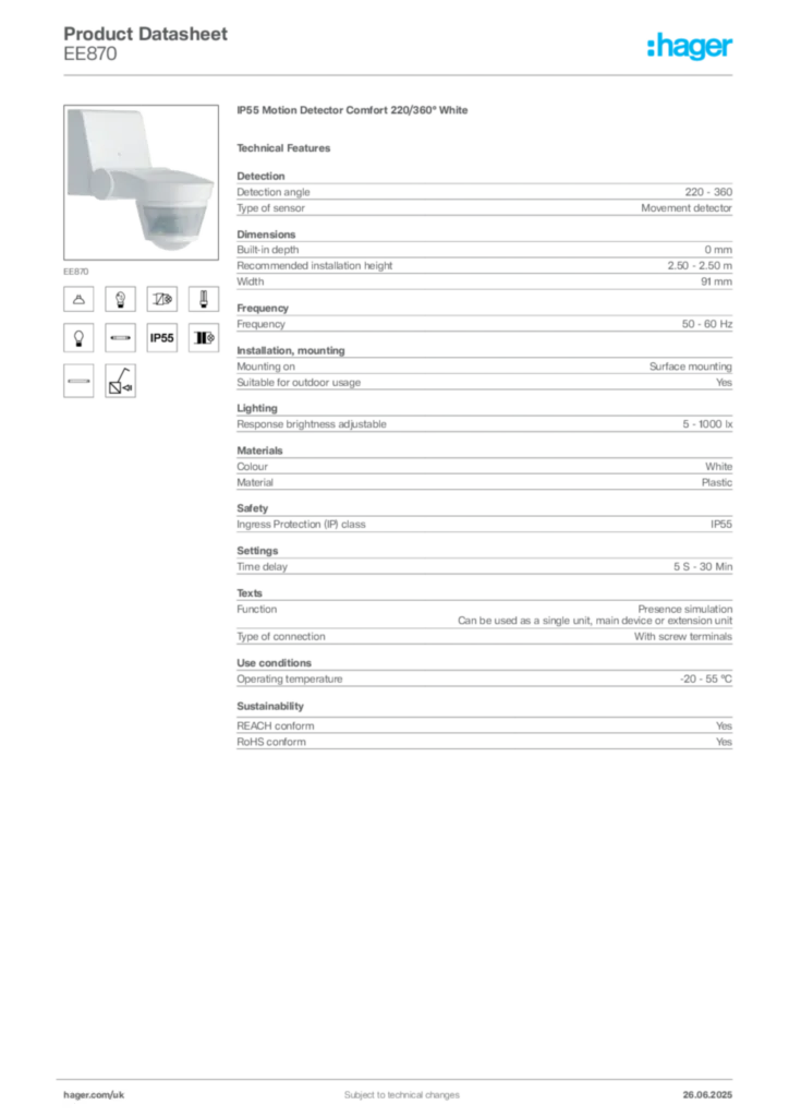 Image Hager Product data sheet EE870  | Hager
