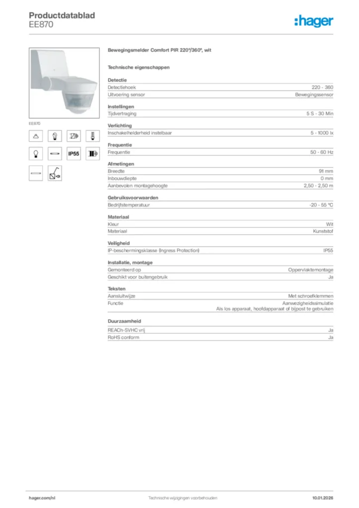 Afbeelding Hager Productdatablad EE870 | Hager Nederland