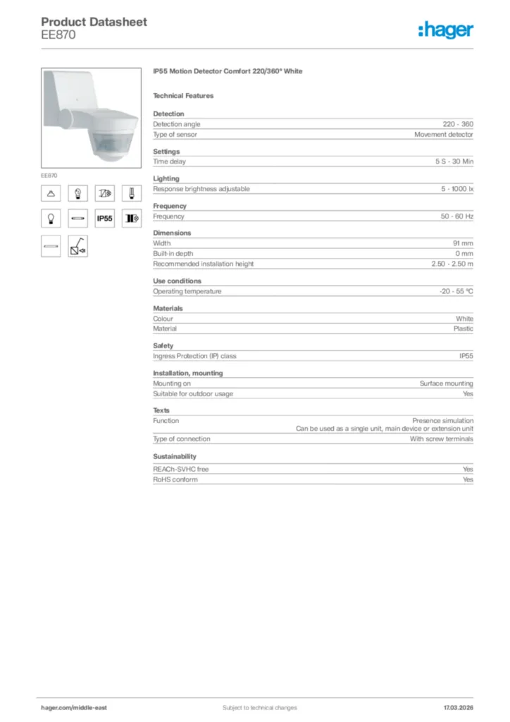 Image Hager Product data sheet EE870  | Hager