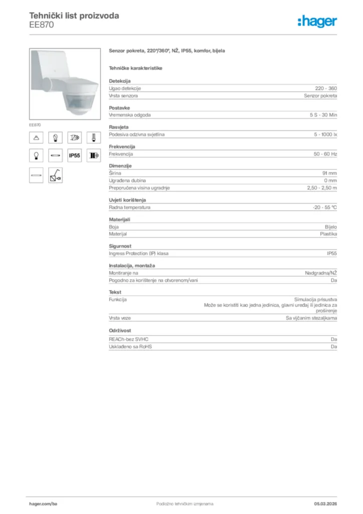 Slika Hager Tehnički list proizvoda EE870  | Hager