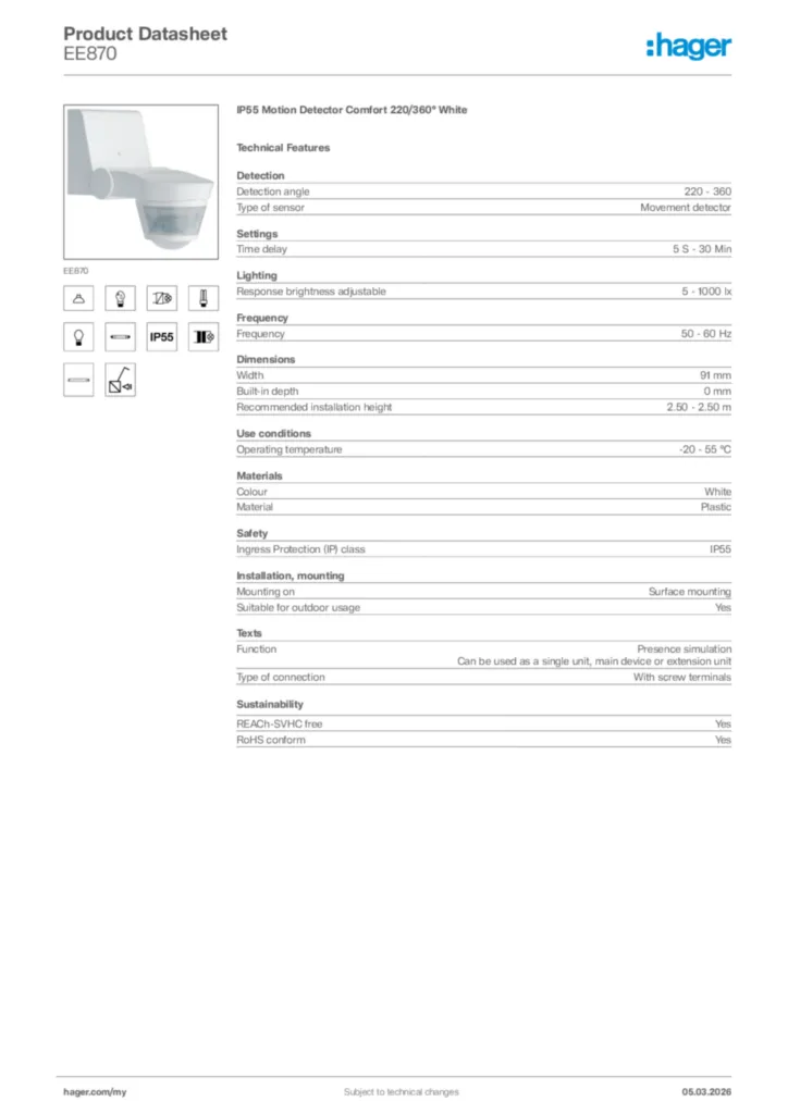 Image Hager Product data sheet EE870  | Hager