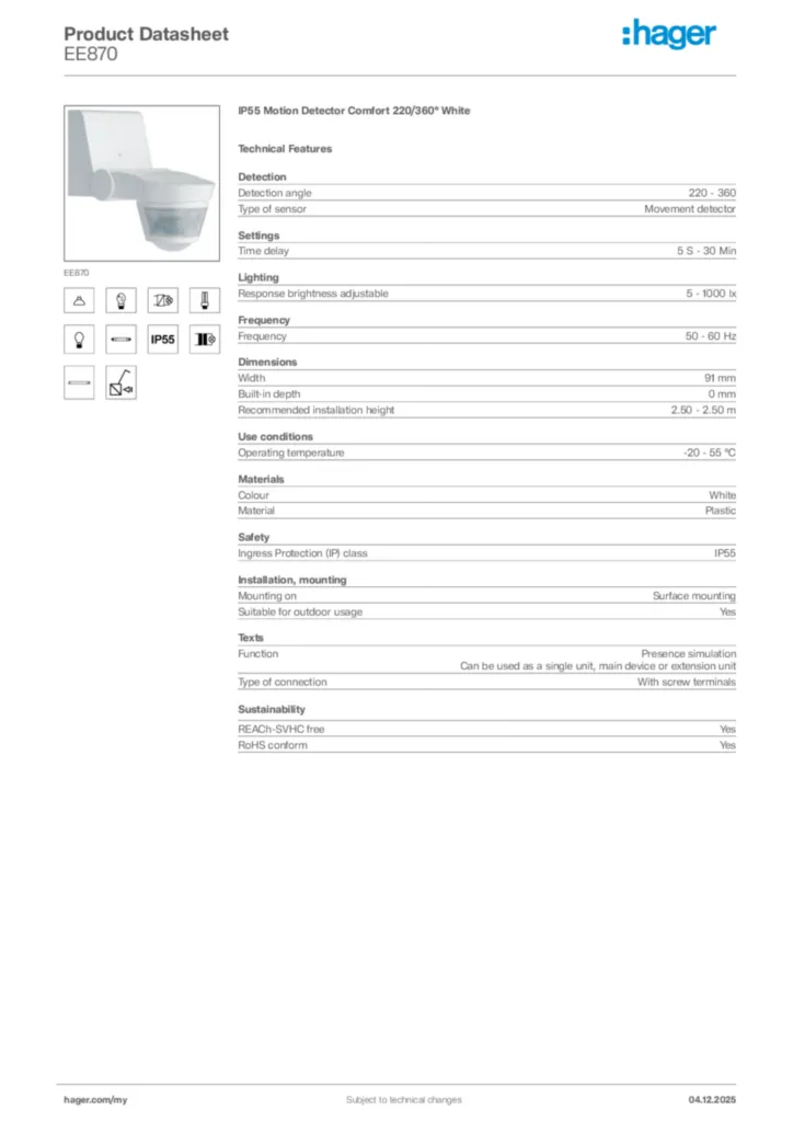 Image Hager Product data sheet EE870  | Hager