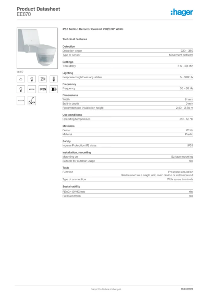 Image Hager Product data sheet EE870  | Hager
