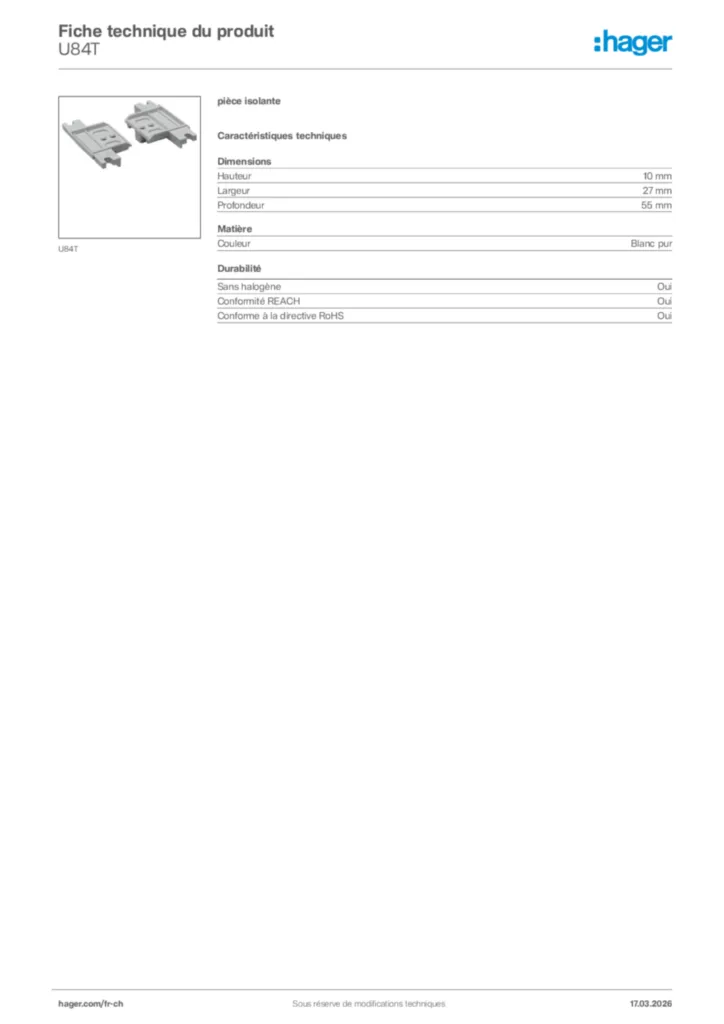 Image Hager Fiche technique du produit U84T | Hager Suisse