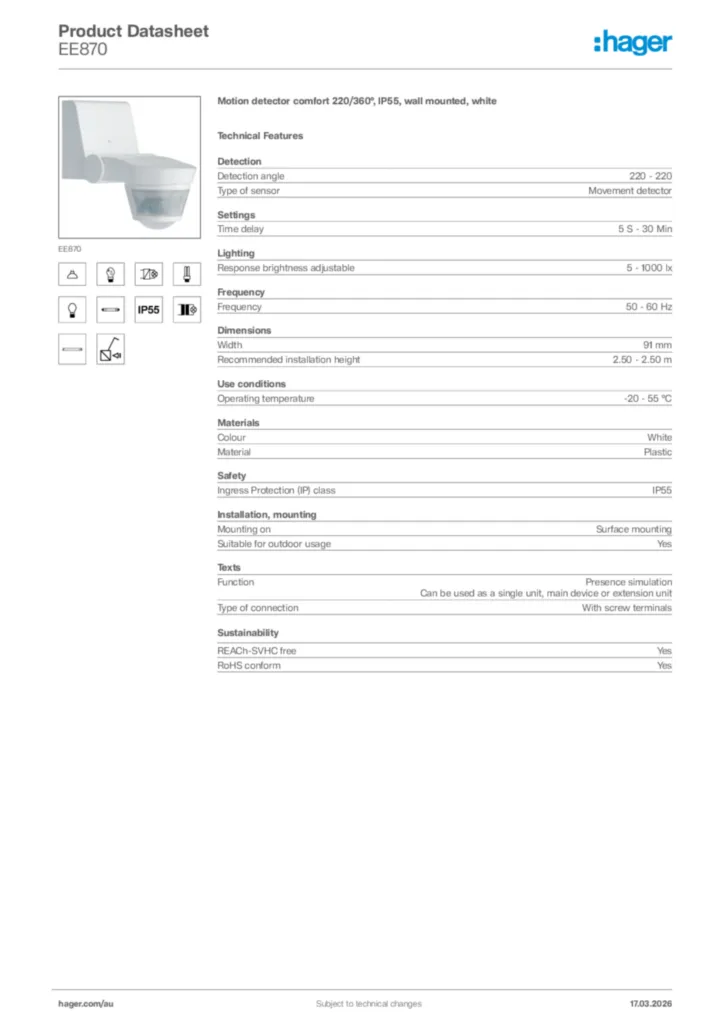 Image Hager Product data sheet EE870  | Hager Australia