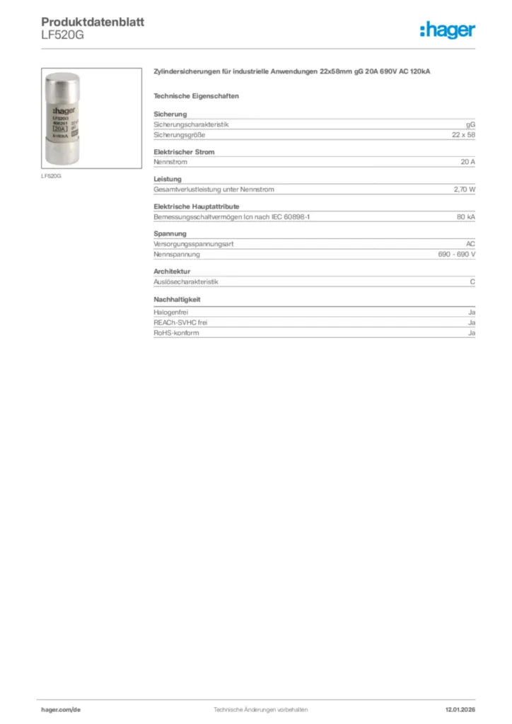 Bild Hager Produktdatenblatt LF520G | Hager Deutschland