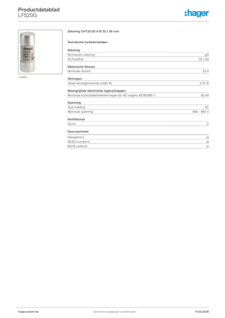 Afbeelding Hager Productdatablad LF520G | Hager Belgium