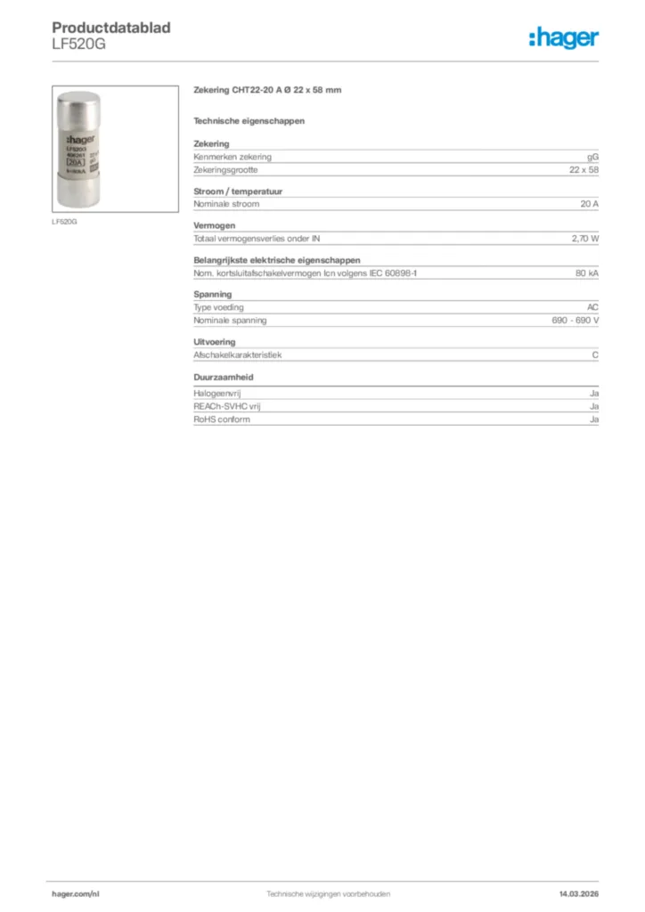 Afbeelding Hager Productdatablad LF520G | Hager Nederland