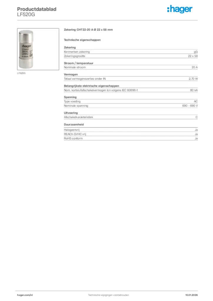 Afbeelding Hager Productdatablad LF520G | Hager Nederland