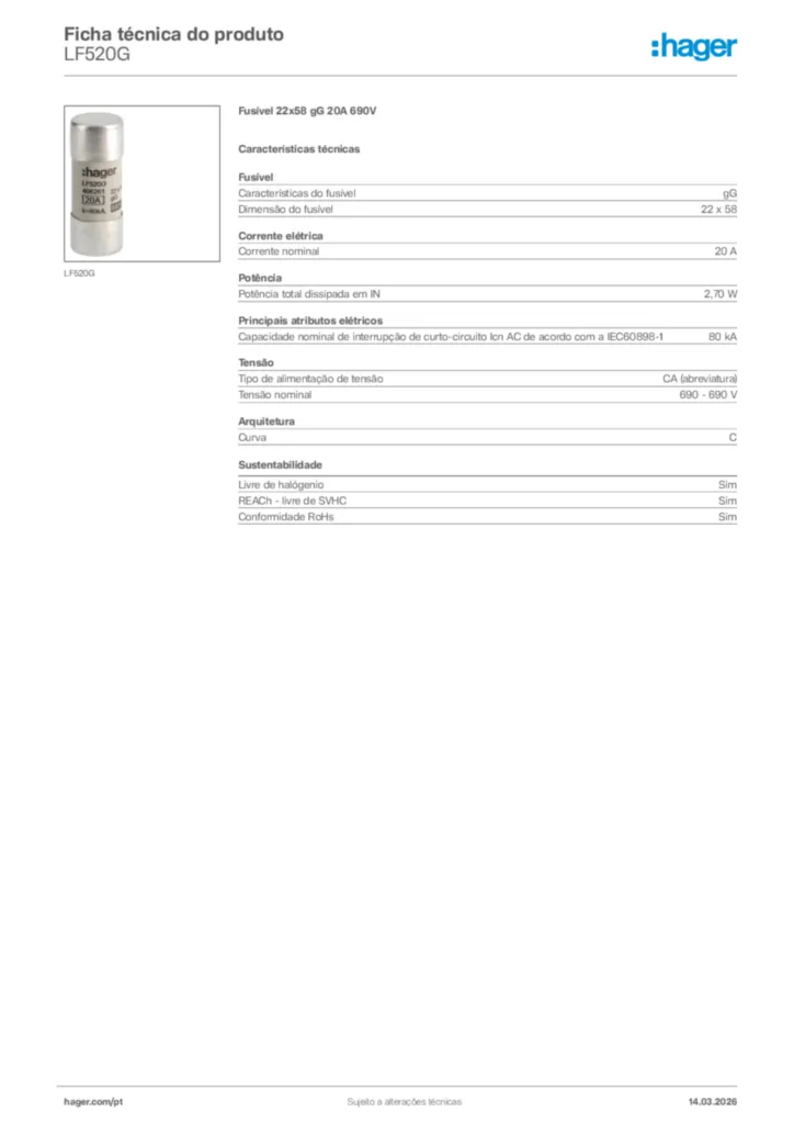 Imagem Hager Ficha técnica do produto LF520G | Hager Portugal