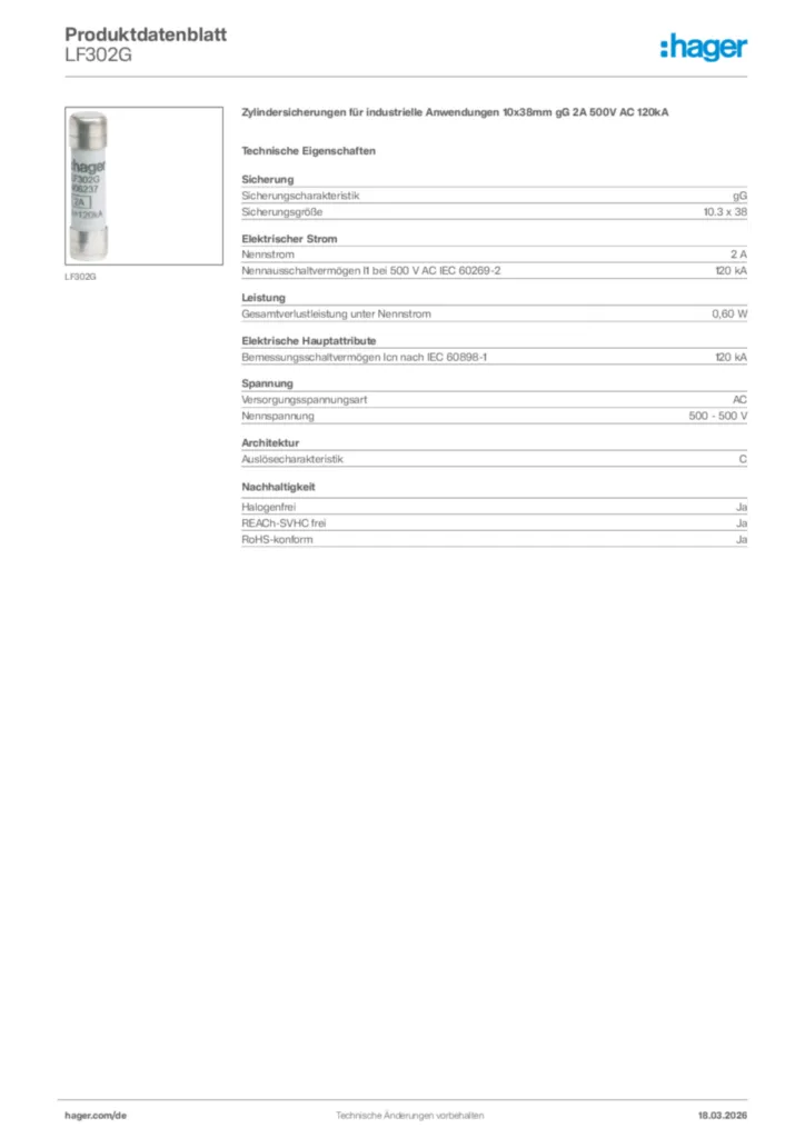 Bild Hager Produktdatenblatt LF302G | Hager Deutschland