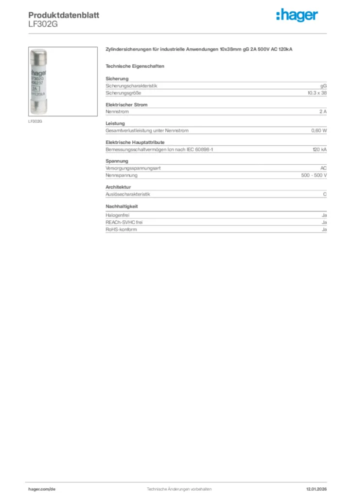 Bild Hager Produktdatenblatt LF302G | Hager Deutschland