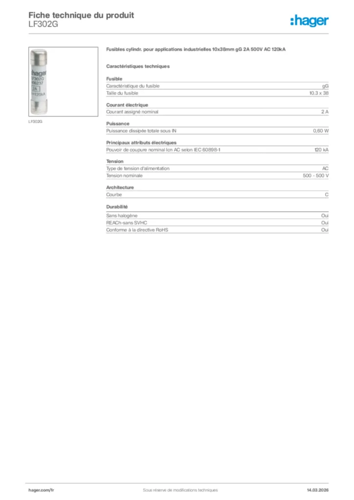 Image Hager Fiche technique du produit LF302G | Hager France